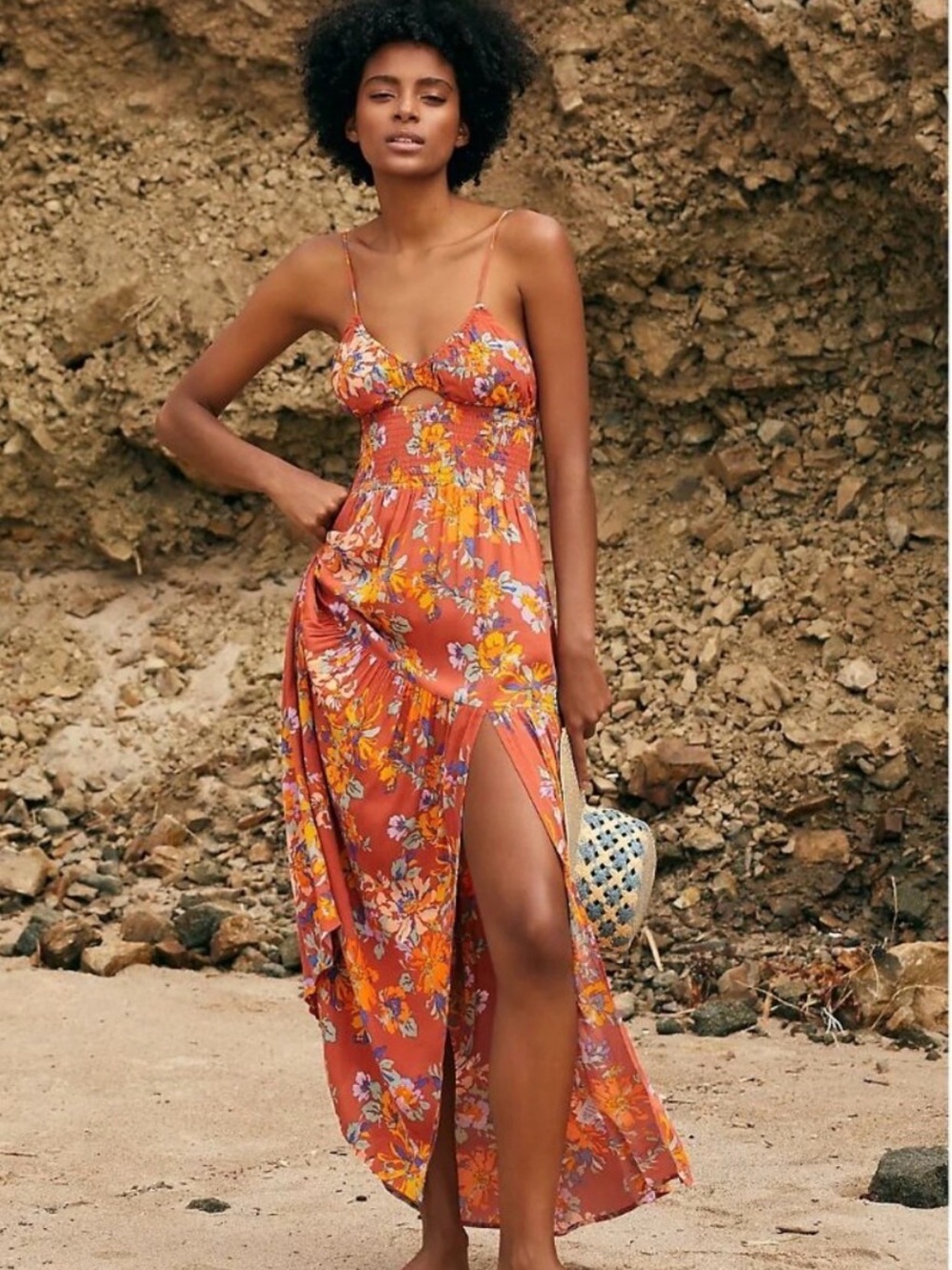 l*space Rust Orange Floral Smocked Maxi Dress with High Side Slit